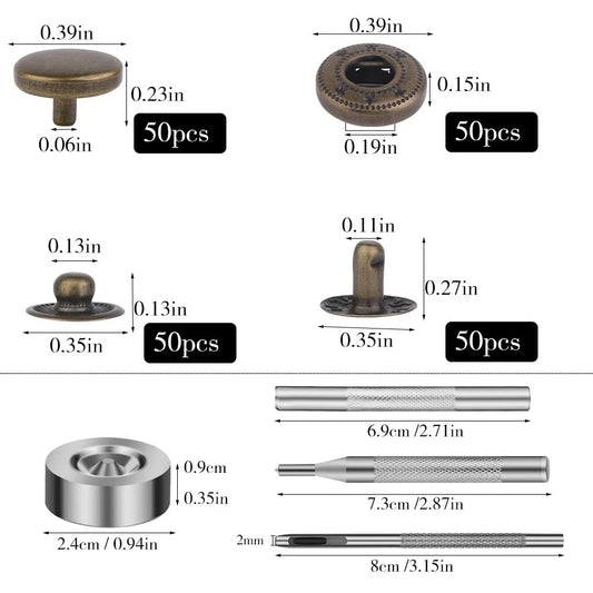 TLKKUE 50 Sets Leather Snap Fasteners Kit 10mm Bronze Metal