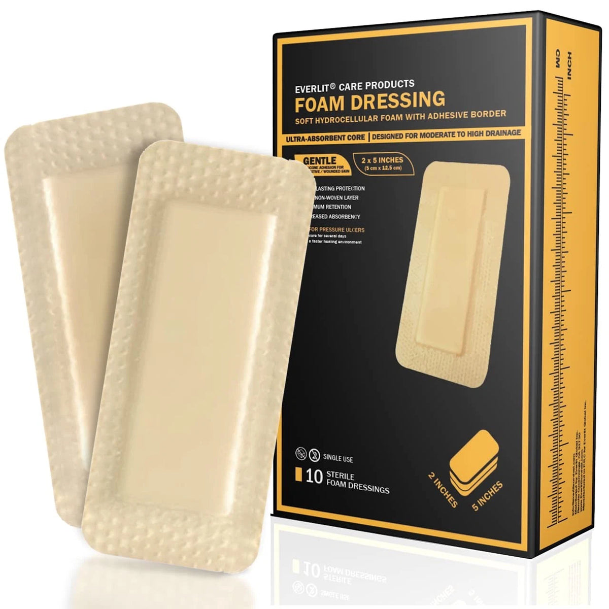 EVERLIT Care Silicone Foam Dressing with Adhesive 2" x 5" | 10 Pack, White