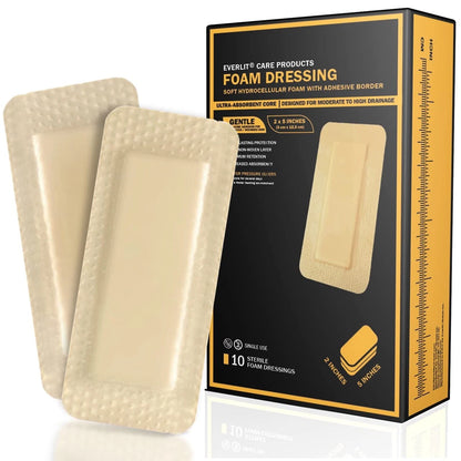 EVERLIT Care Silicone Foam Dressing with Adhesive 2" x 5" | 10 Pack, White