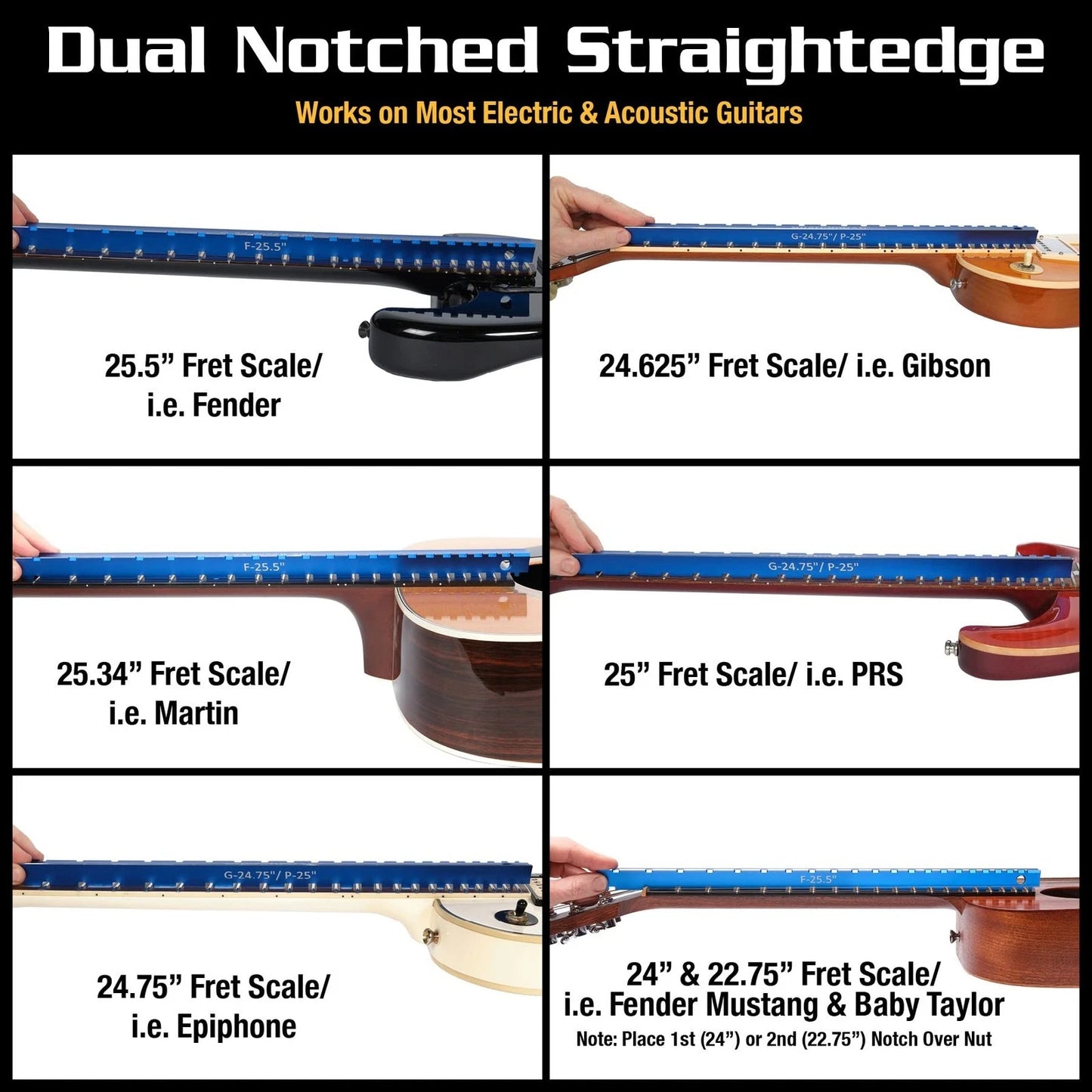 MusicNomad Tri-Beam 3 'n 1 Dual Notched Straightedge & Blue anodized finish