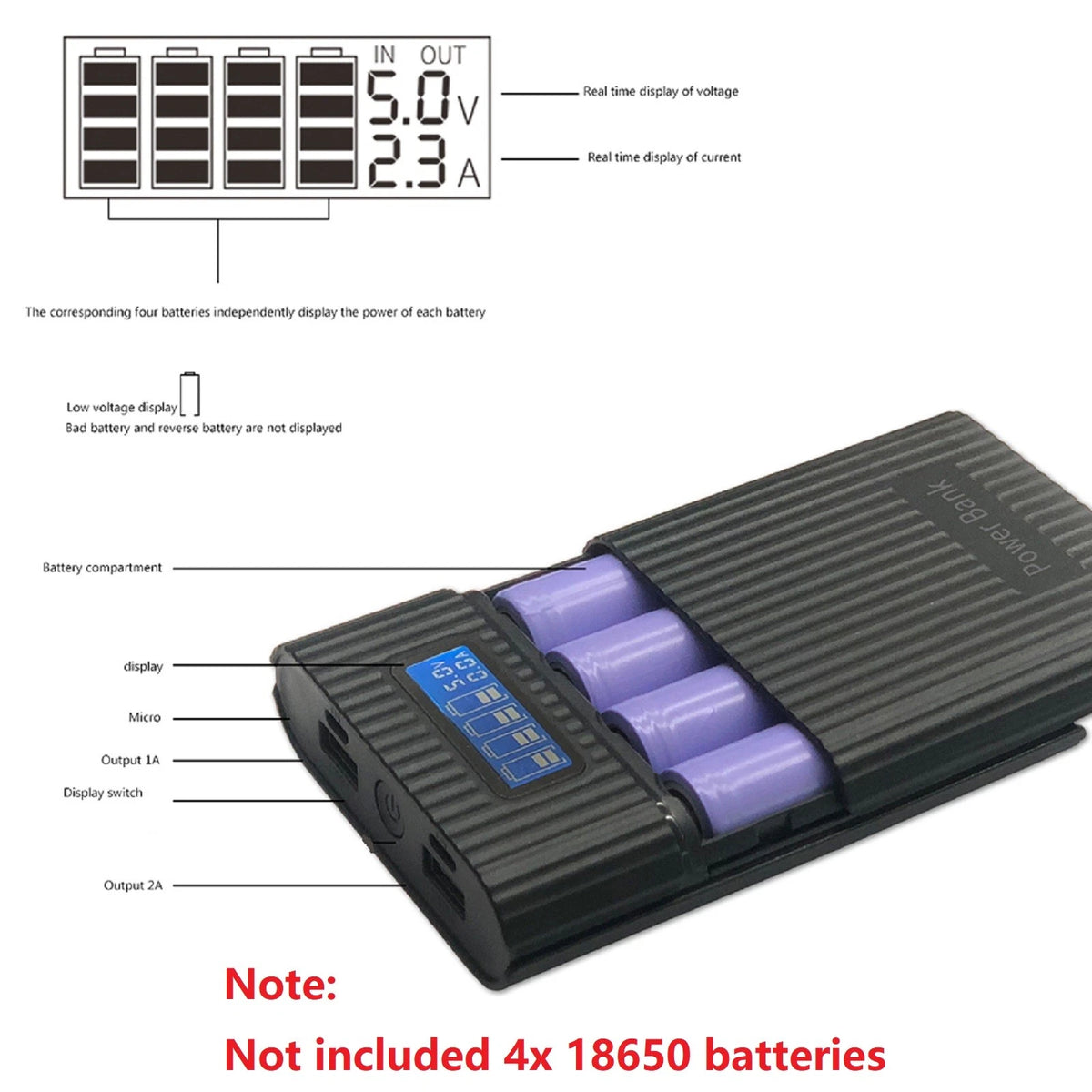 Black DIY Power Bank Case Battery Charger Storage Box Digital Display D