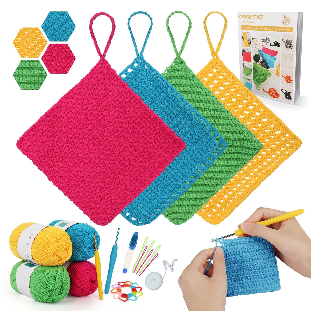 Katech Crochet Kit for Beginners, Dishcloth Small to Medium, Colorful
