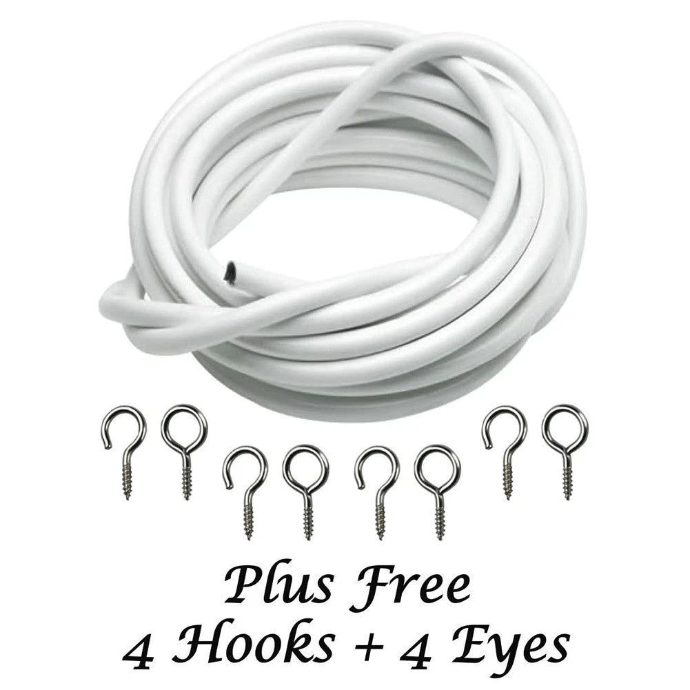 3m White Expanding Wire Cord Cable w/ 4 Hooks & 4 Eyes For Light Weight Curtain/