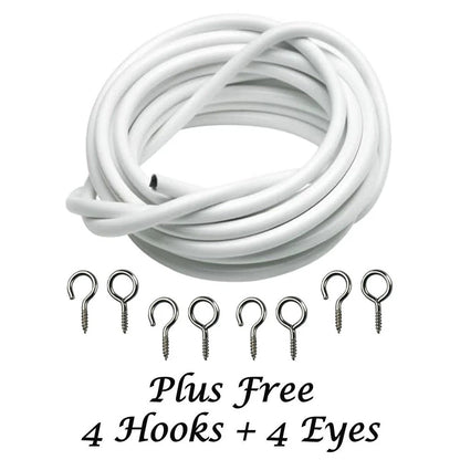 3m White Expanding Wire Cord Cable w/ 4 Hooks & 4 Eyes For Light Weight Curtain/