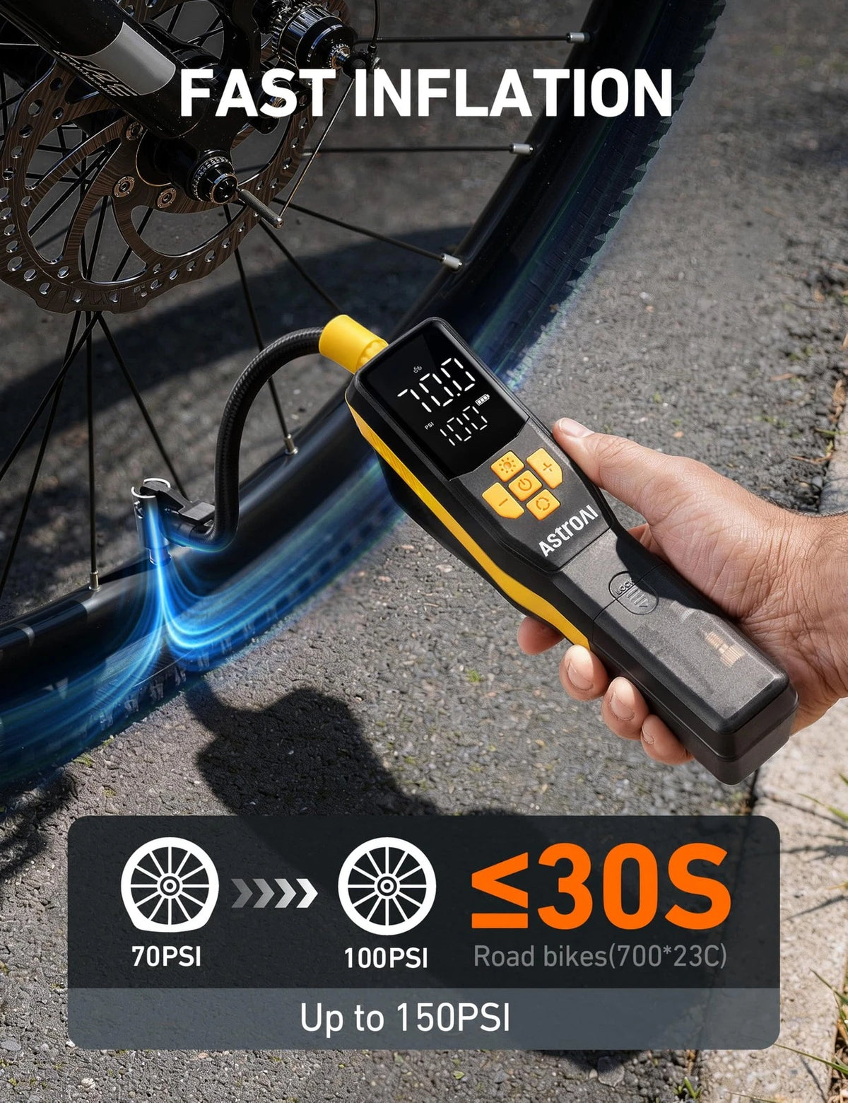 AstroAI 150PSI Electric Bike Pump with Gague, 30s Portable, Black and Yellow
