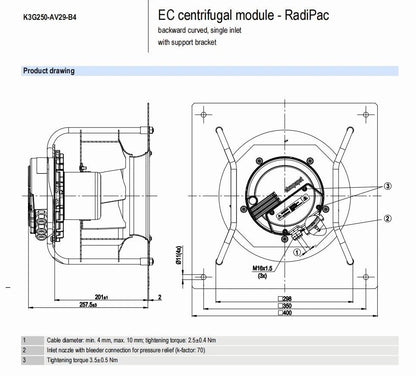 Ebmpapst K3G250-AV29-B4 Centrifugal Fan 1~ 200~277VAC 750W 3.3A EC Cooling Fan