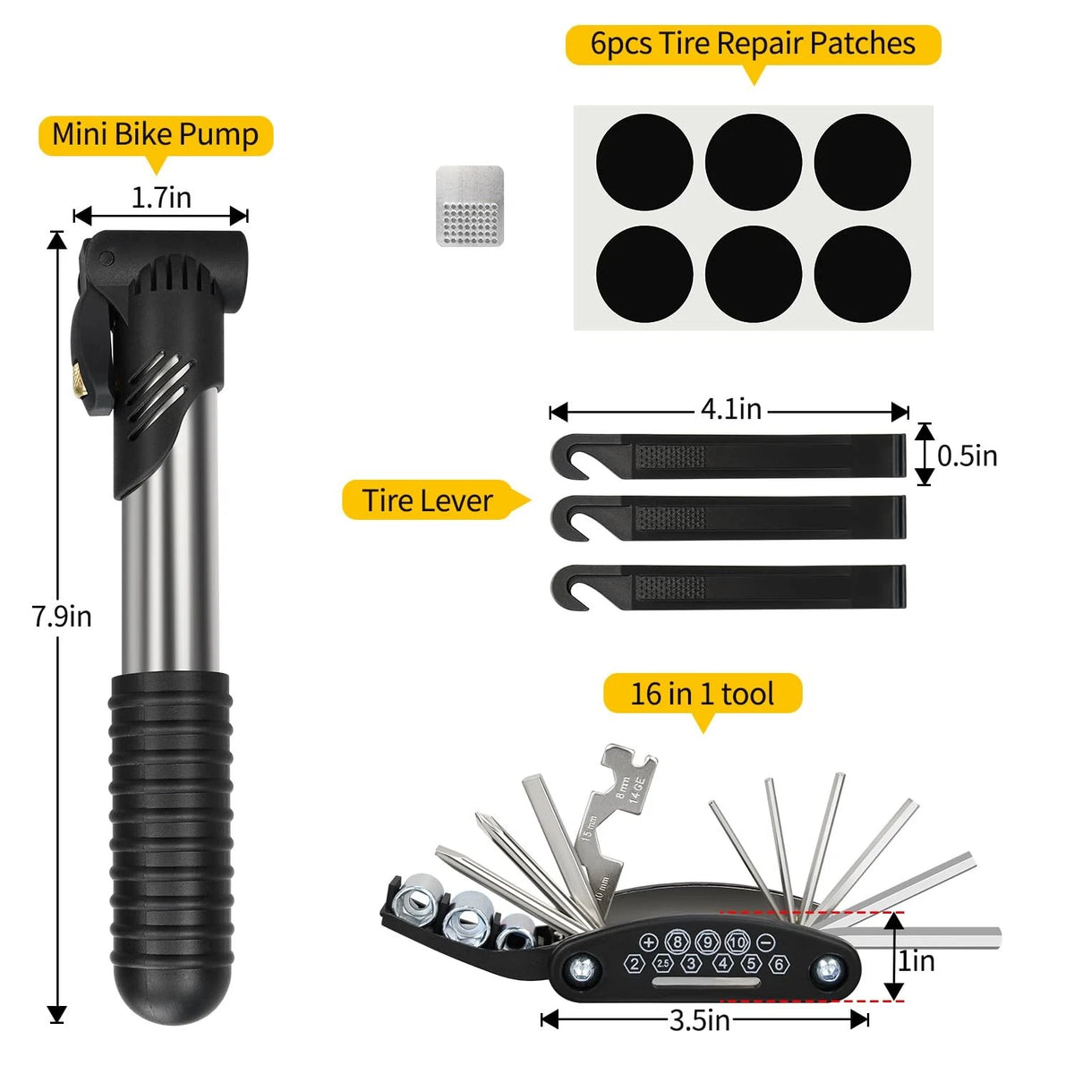 Bike Repair Kit, Tire Multi-Tool+Inflator+Tire Black
