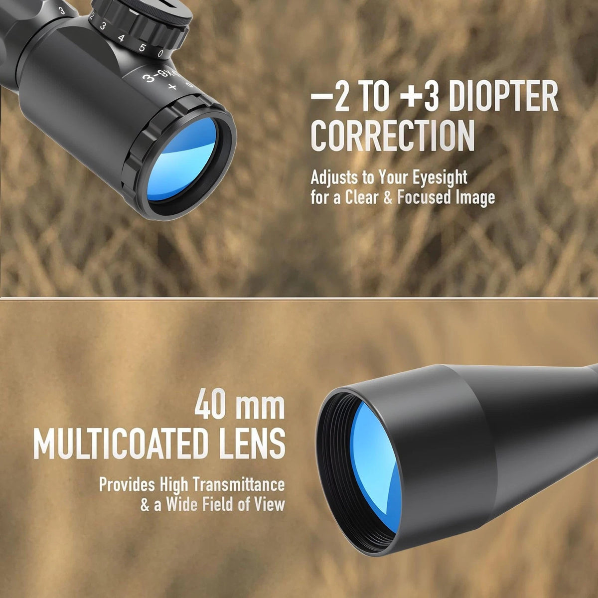 Rifle Scope 3-9X40, Red/Green Rangefinder Illuminated Optical Black