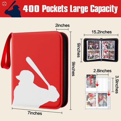 Baseball Trading Card Binder 4 Pocket Gifts for 400 Pockets, Baseball-red