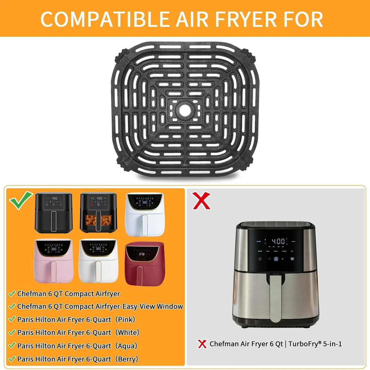 Air Fryer Grill Pan for Chefman 6QT Paris Hilton 6 Quart 8 in 1 Black