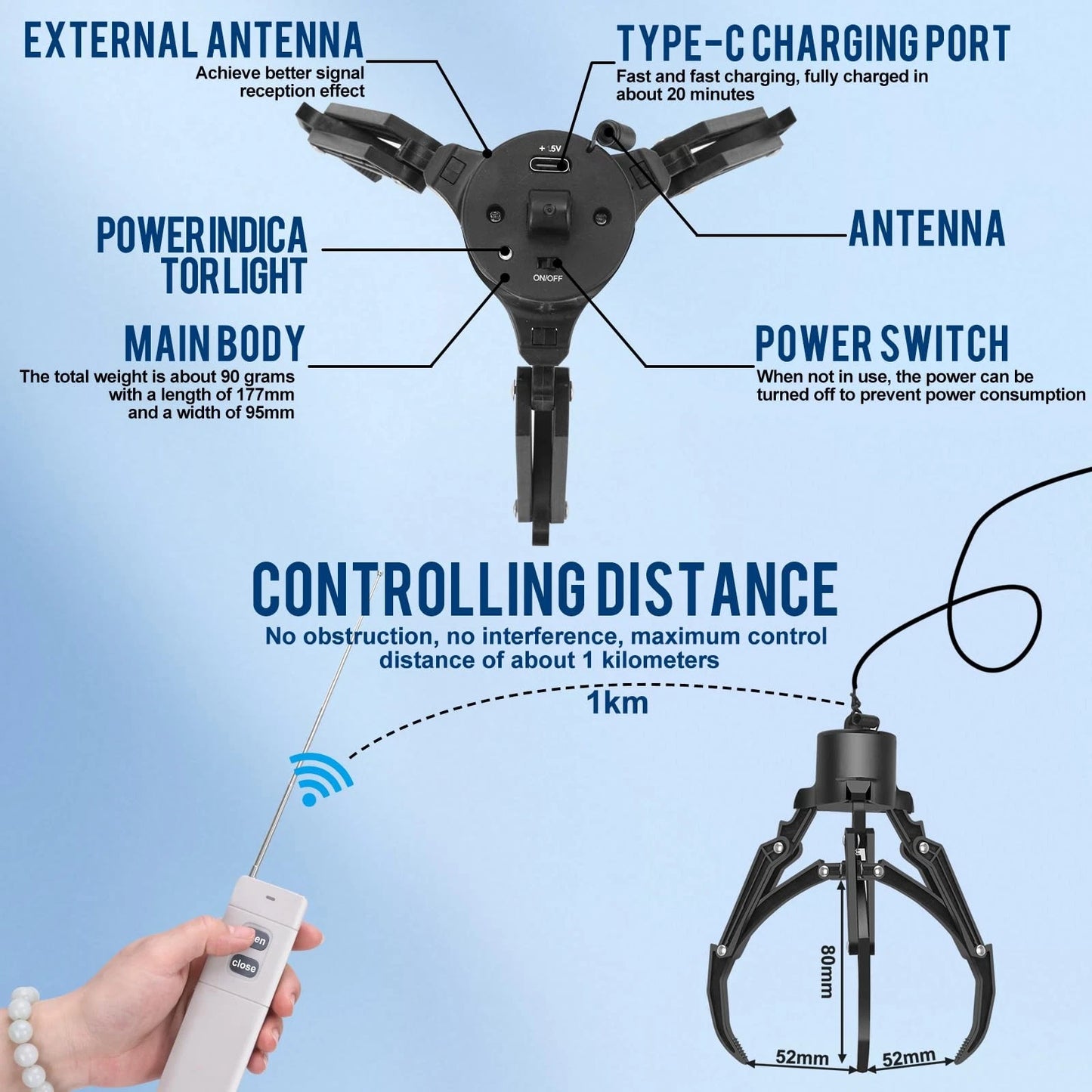 Drone Mantis Claw Hook Gripper Grasp & Airdrop System - 6.3.2.1 inches, black