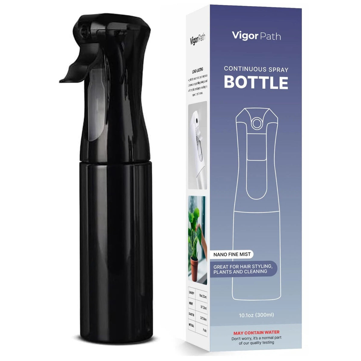 VIGOR PATH Continuous Spray Bottle for Hair – Fine 10 Ounces, Black - 10oz