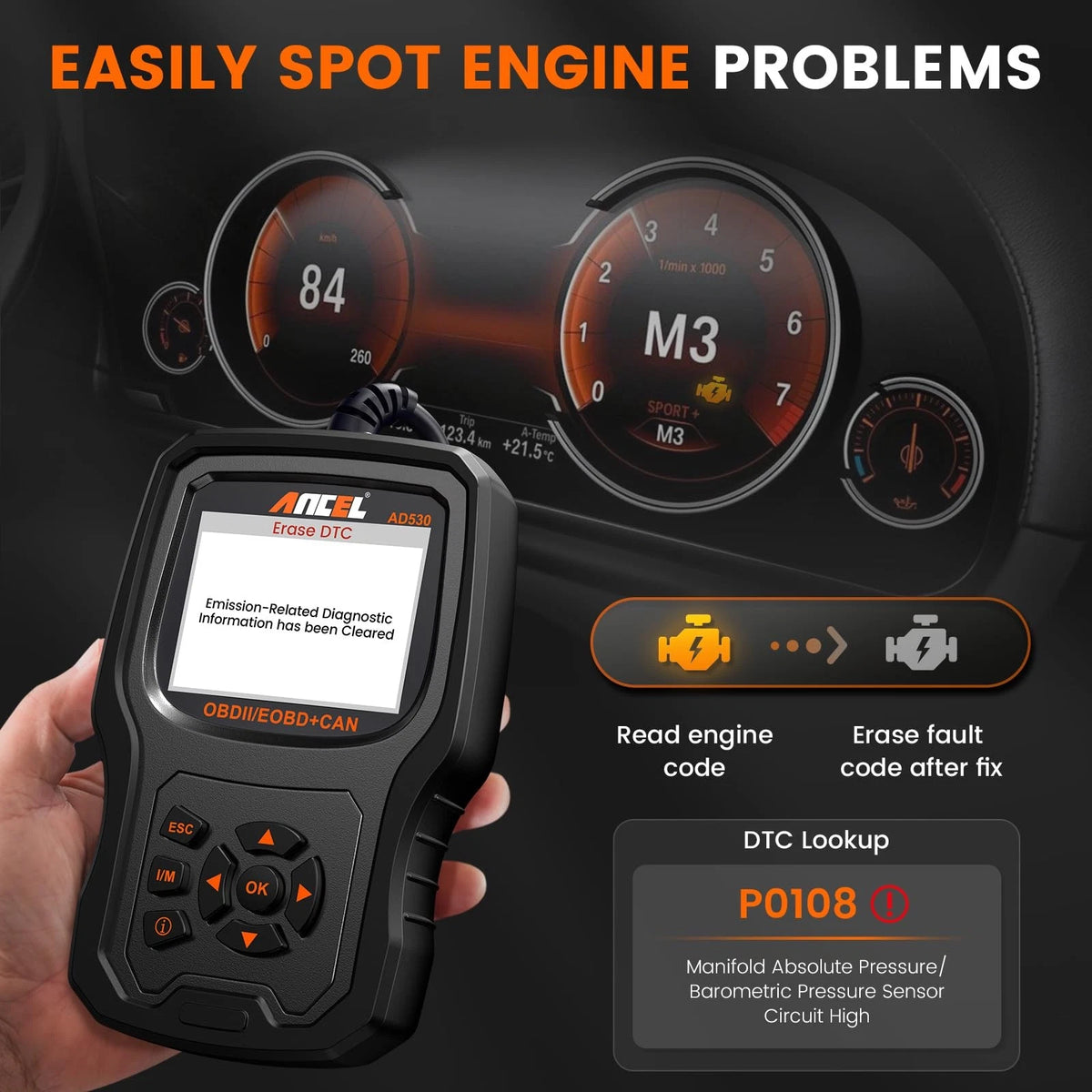 ANCEL AD530 OBD2 Scanner-Upgraded AD310, Car Code Reader for AD530, Black