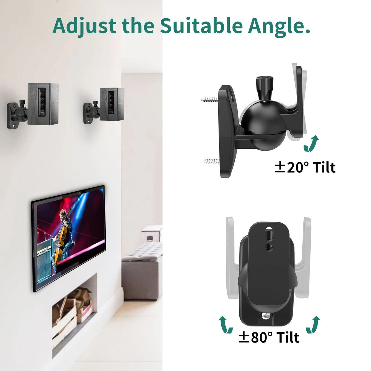 HomeMount Speaker Wall Mount Brackets - Surround & Adjustable, 2P-Black