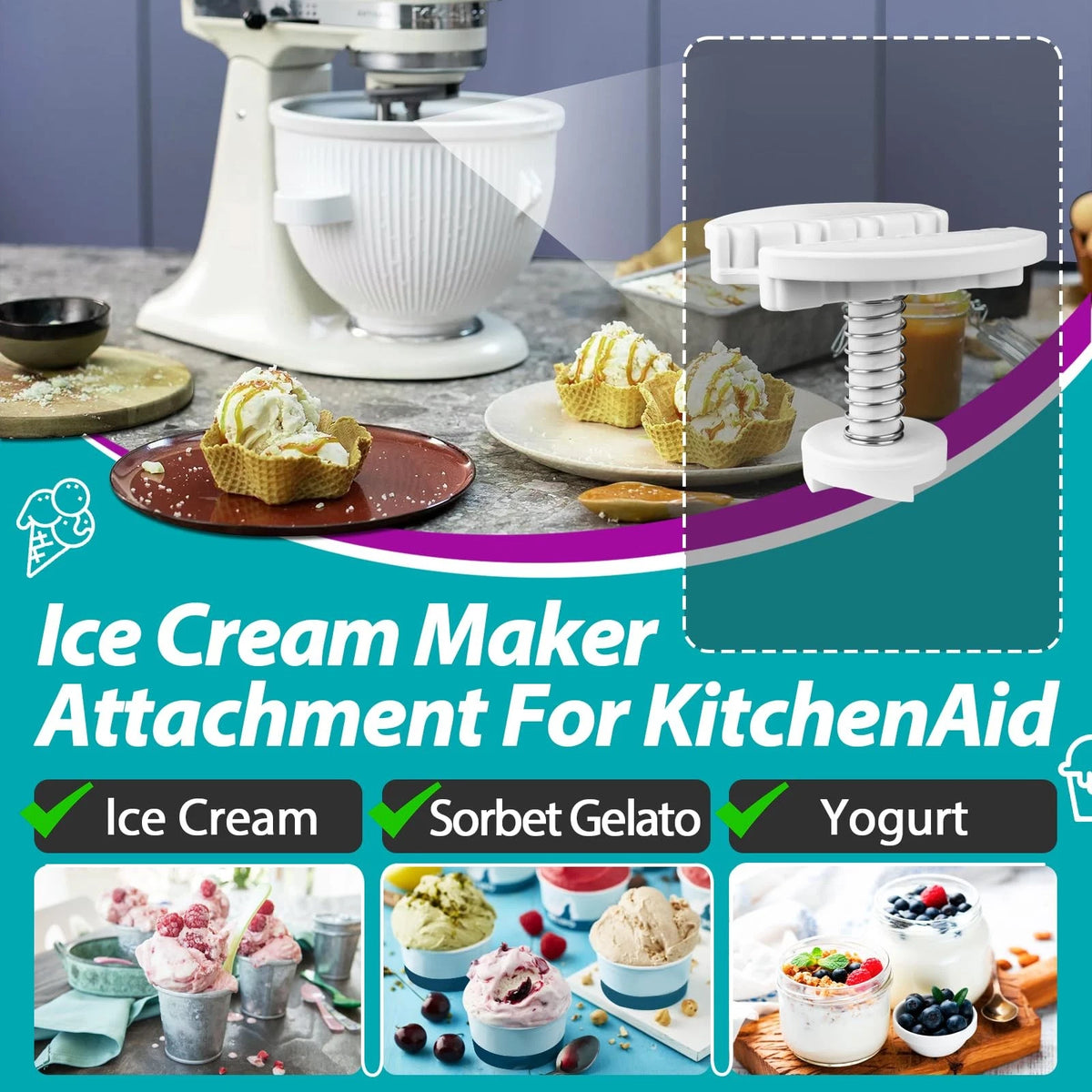 Ice Cream Maker Attachment Fits for KitchenAid 4.5 & 5QT & 6QT 1pcs, White