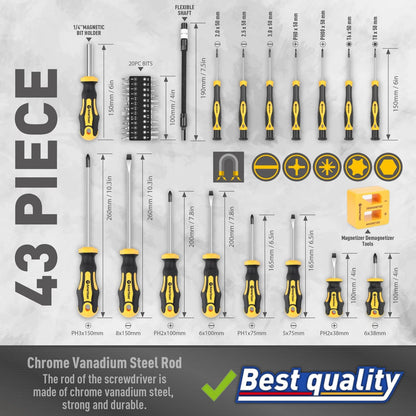 Magnetic Screwdrivers Set with Slotted/Phillips/Hex/Pozidriv/Torx, Yellow