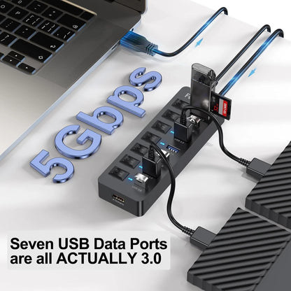 Powered USB Hub 3.0, 5Gbps Data Transfer 7 1 Pack, 7 3.0 +1 Charging