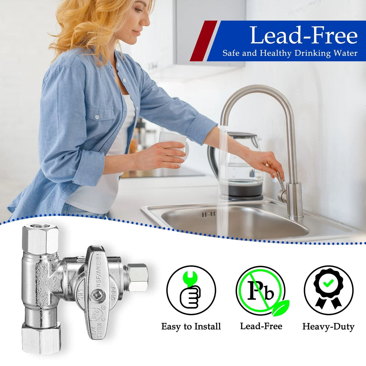 Fridge Water Line Kit Connector - Refrigerator Ice 3/8x3/8x1/4, Chrome-Plated