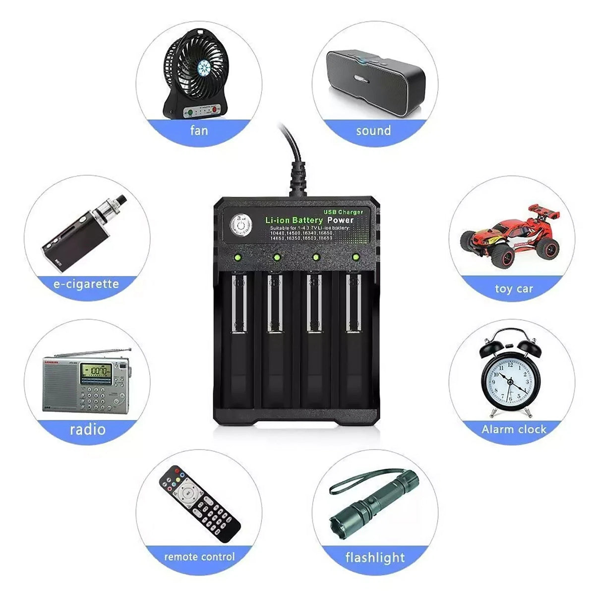 4-Slots USB Battery Charger Fits For Rechargeable Lithium Li-ion Batteries 3.7V