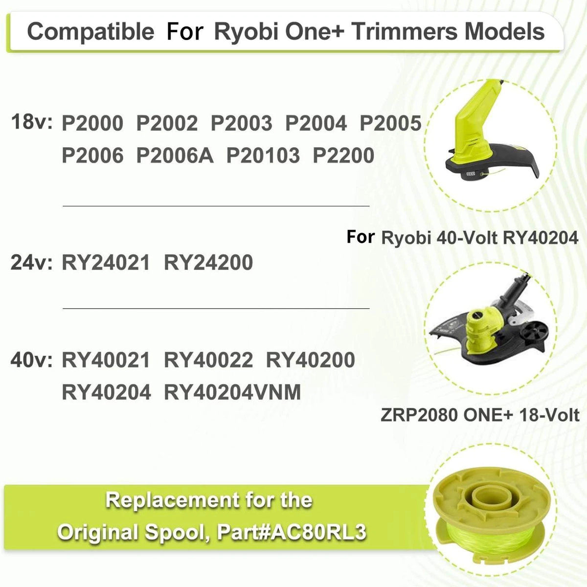 Replacement Spools With Line Compatible For Ryobi One+ 18v P2000, P2002, P2003