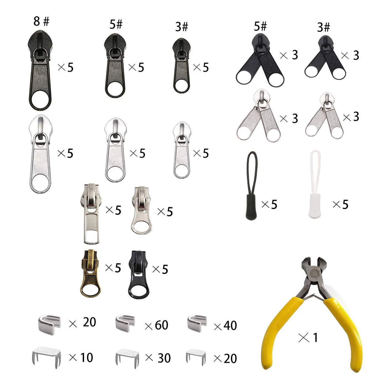 Meikeer 252Pcs Zipper Repair Kit Replacement Pulls Black, White, Silver/Gray