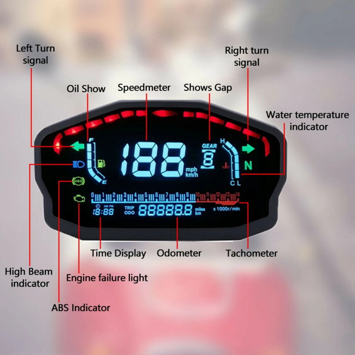 LCD Digital Motorcycle Odometer Speedometer Tachometer KM/H MPH Gauge Universal