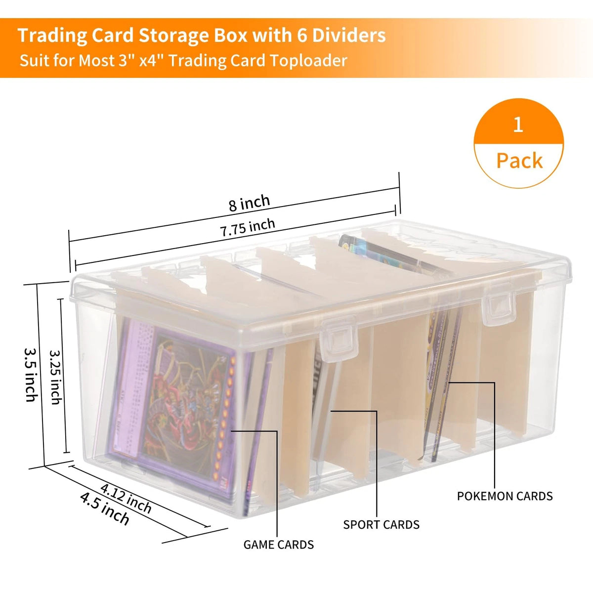 Trading Card Storage Box with 6 Dividers,Toploads 8 x 4.5 x 3.5 inches, Clear
