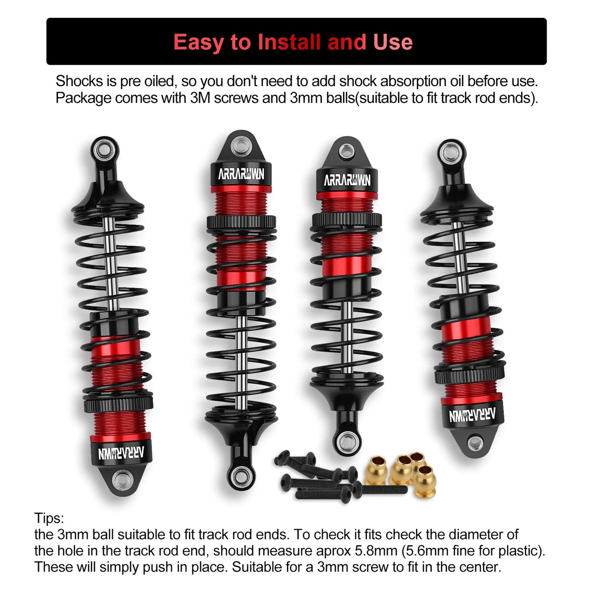 4PCS 1/10 RC Car Shocks Front & Rear Shock Absorber Damper Medium, Black Red
