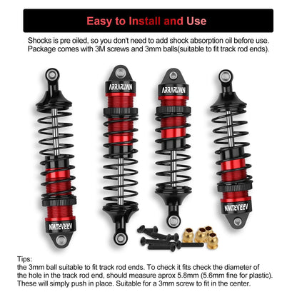 4PCS 1/10 RC Car Shocks Front & Rear Shock Absorber Damper Medium, Black Red