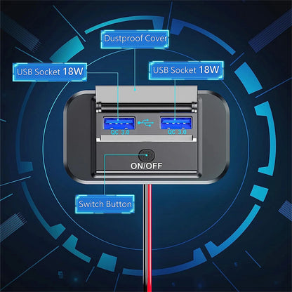 12-24V Dual USB QC3.0 Car Boat RV Fast Charger Socket Power Outlet Panel W/ LED