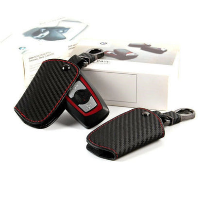 Car Black  Leather Key Case Carbon Fiber Bag For BMW 1 2 3 4 5 6 Series E