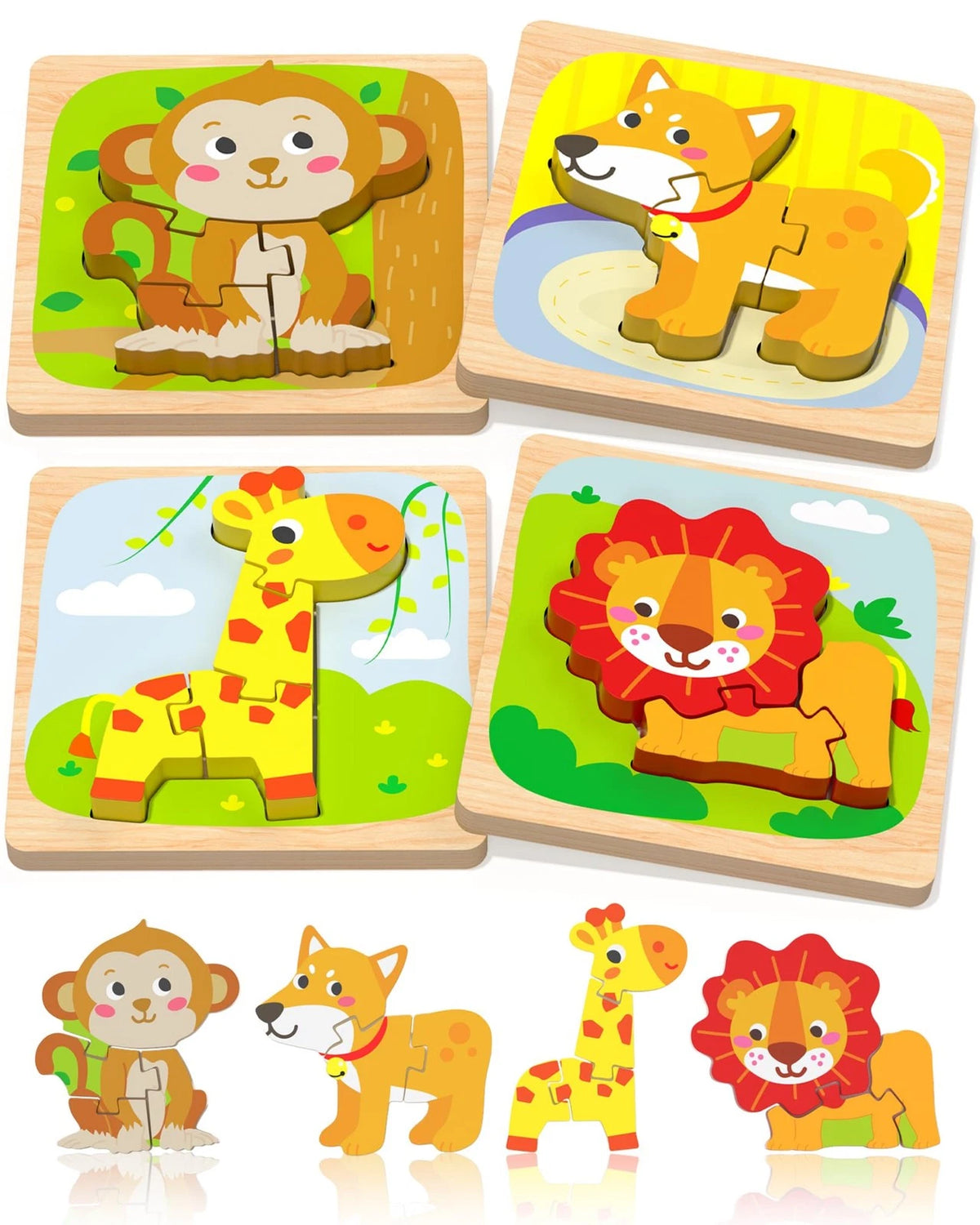 Benresive Wooden Toddler Puzzles, 4pcs Animal Montessori Toys for 1-3 Medium