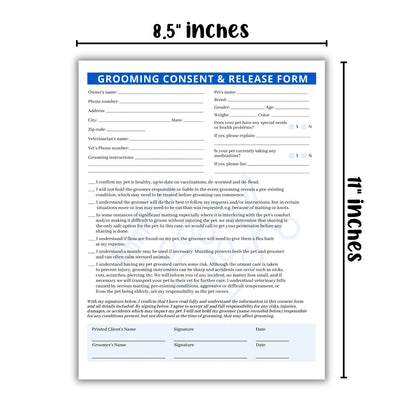 Pet Grooming Intake, Consent & Release Form | 50 Pack 8.5x11 inches, Blue