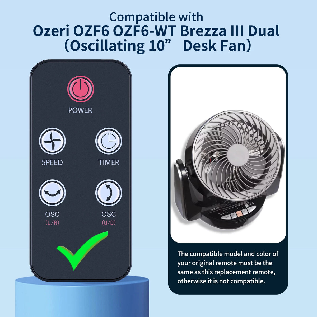 Remote Control For Ozeri OZF6 Brezza III Dual Oscillating High Velocity Desk Fan