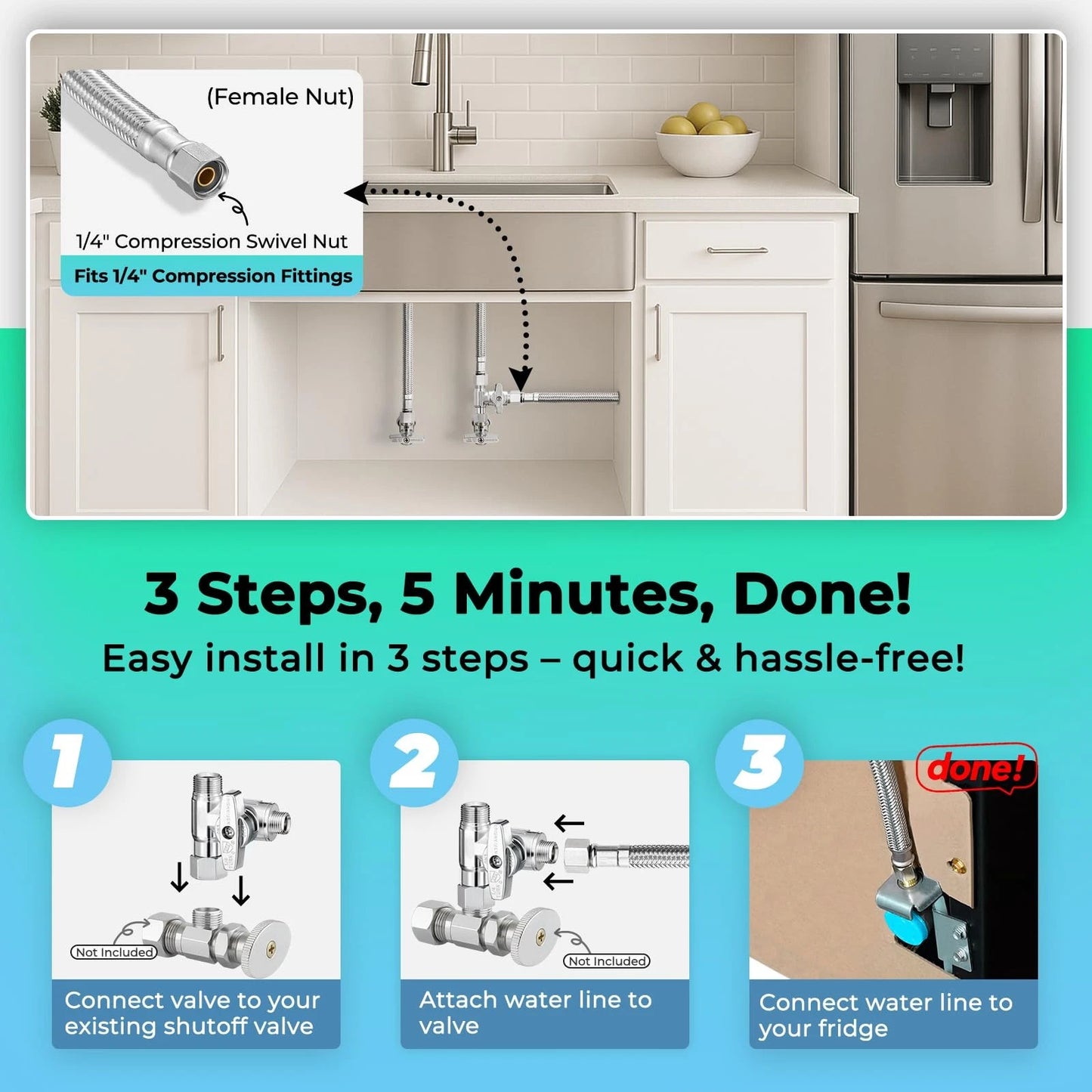 Refrigerator Ice Maker Water Line Kit - 15' Braided Stainless 15 Feet, Silver