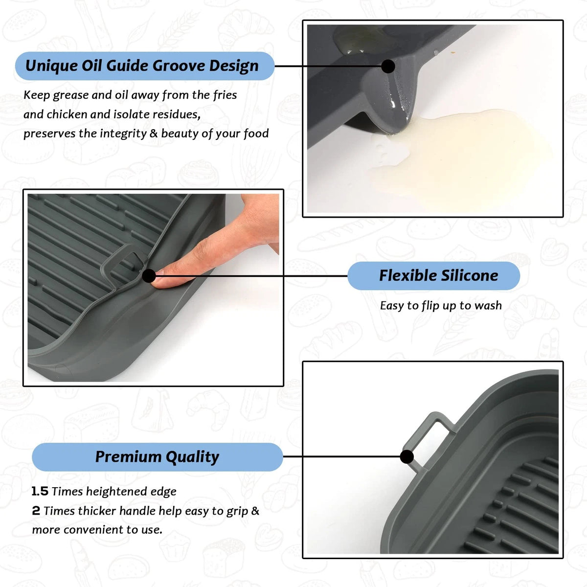 Loveuing Silicone Air Fryer Liners Square - Reusable 8.5"L x 2.2"W, Gray