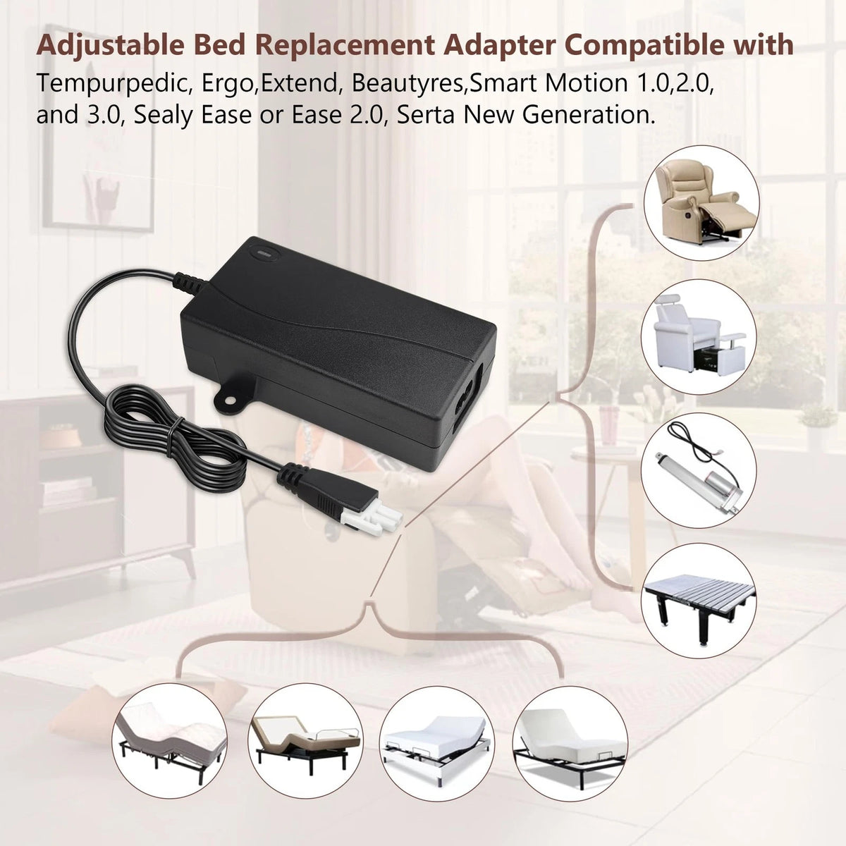 29V Adjustable Bed Base Switching Power Supply Adapter, 8.8 feet, black