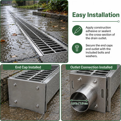 304 Stainless Steel Channel Drain Kit, 39.4x6.1x5.9in, Silver
