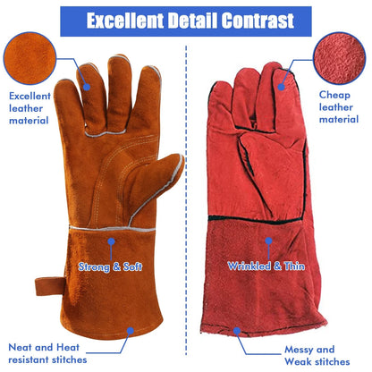 QeeLink Welding Gloves - Heat/Fire 2 Count (Pack of 1), Brown (14-inch)