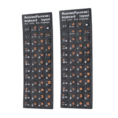 2Pcs Plastic Russian Standard Keyboard Layout Sticker Orange Letters on Black.
