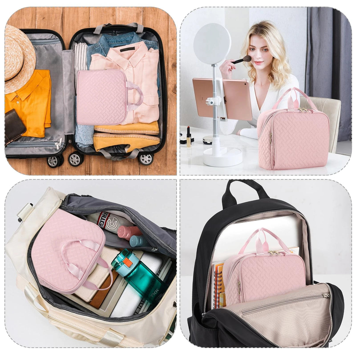 JOYYTUU Standing Makeup Bag, Large Capacity with Room for Brushes Light Pink