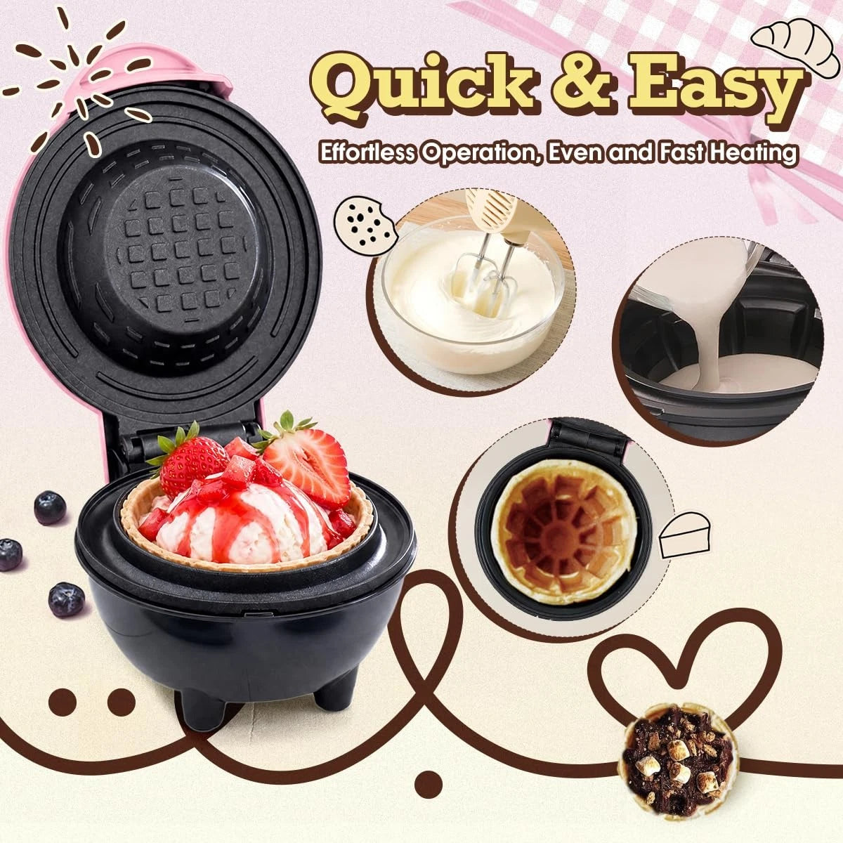 GVAKMM Mini Waffle Bowl Maker(Pink), 4'' Small Cup Machine mini, pink