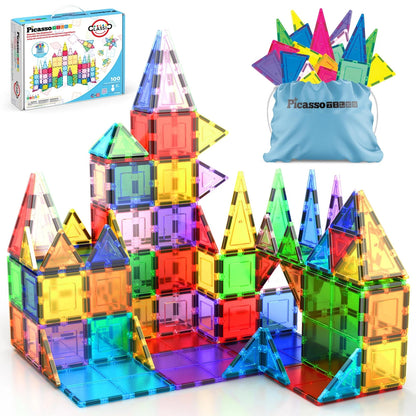 PicassoTiles 100 Piece Set 100pcs Magnet Building Tiles Clear 100, Multicolor