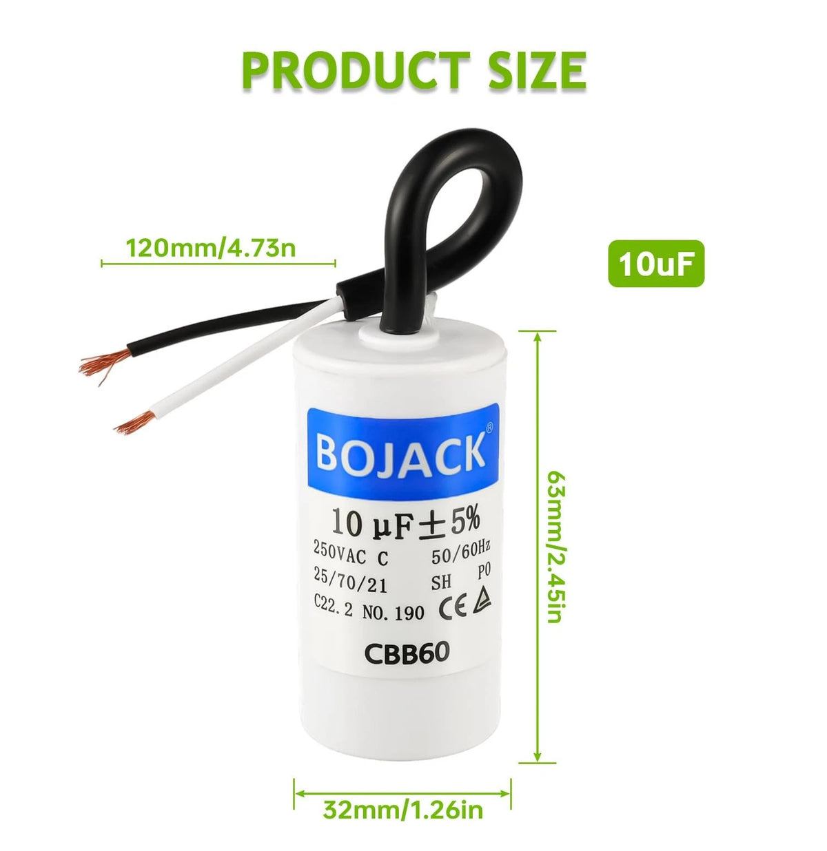 BOJACK Run Capacitor 10 uF MFD 250V AC 10 CBB60 2 Wire 50/60Hz Cylinder...