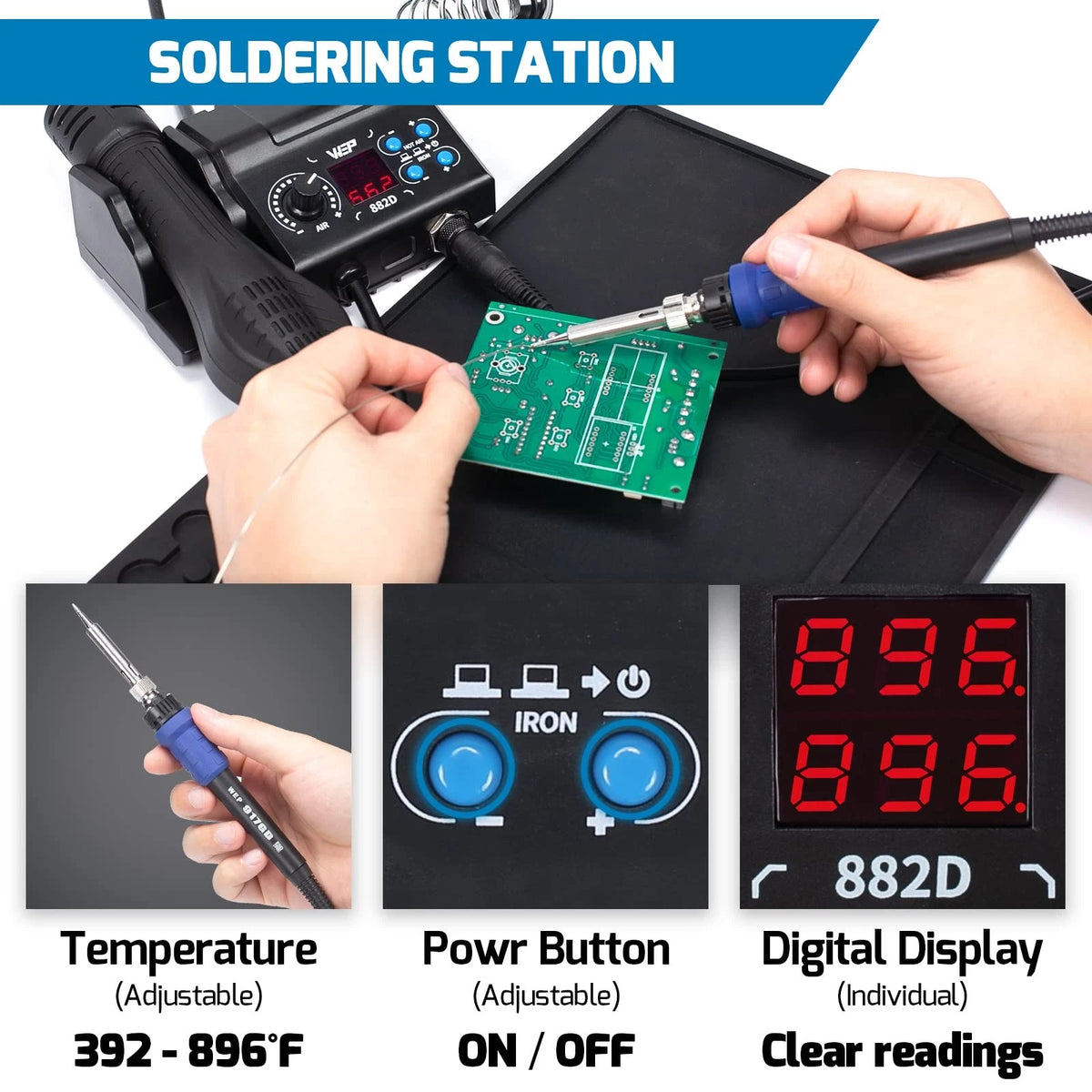 WEP 882D Soldering Iron Station 2-IN-1 SMD Hot Air Rework with 2...