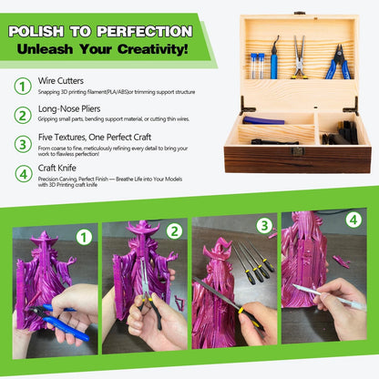 3D Printing Tool Set with Wood Box – Printer Tools Features a deburring...