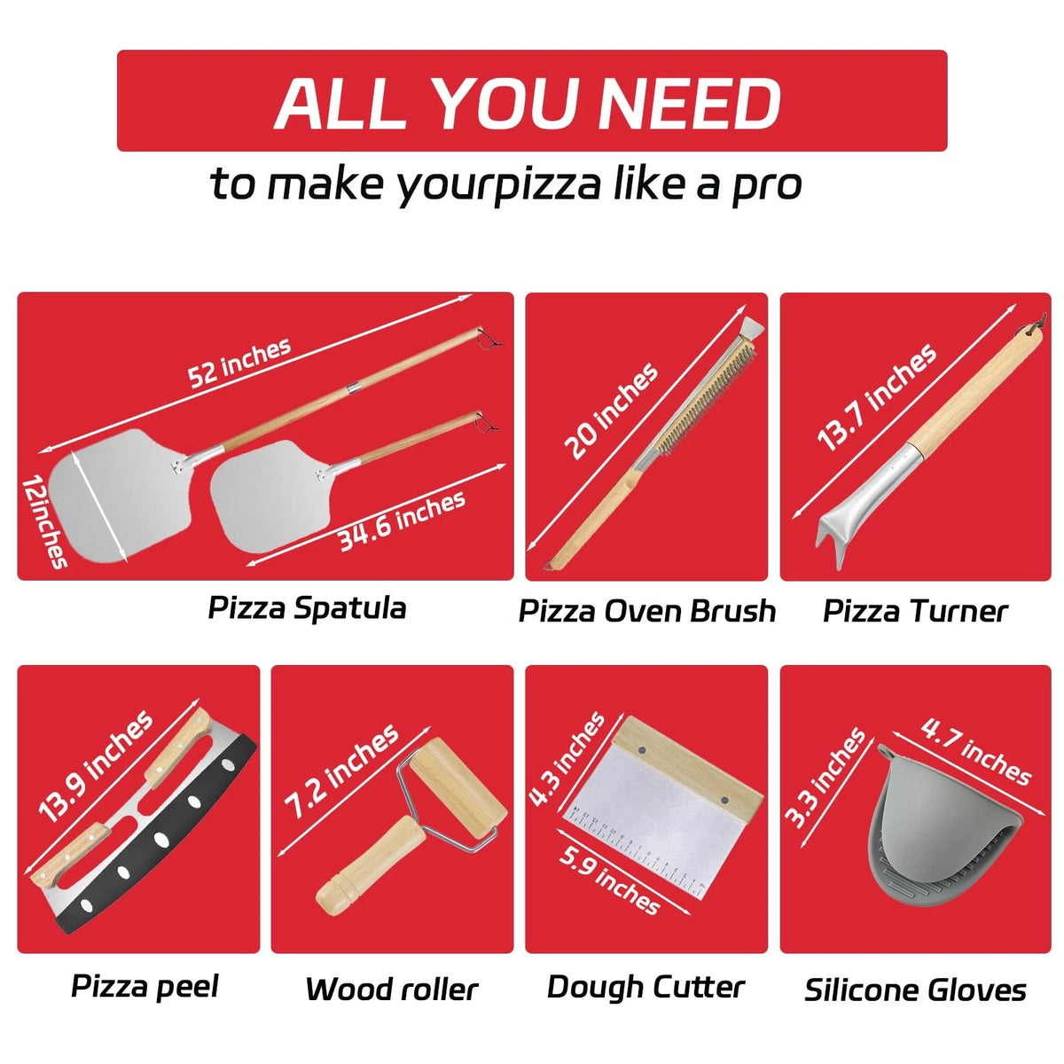 7PCS Pizza Oven Accessories Kit | Peel, Brush, 12, Stainless Steel