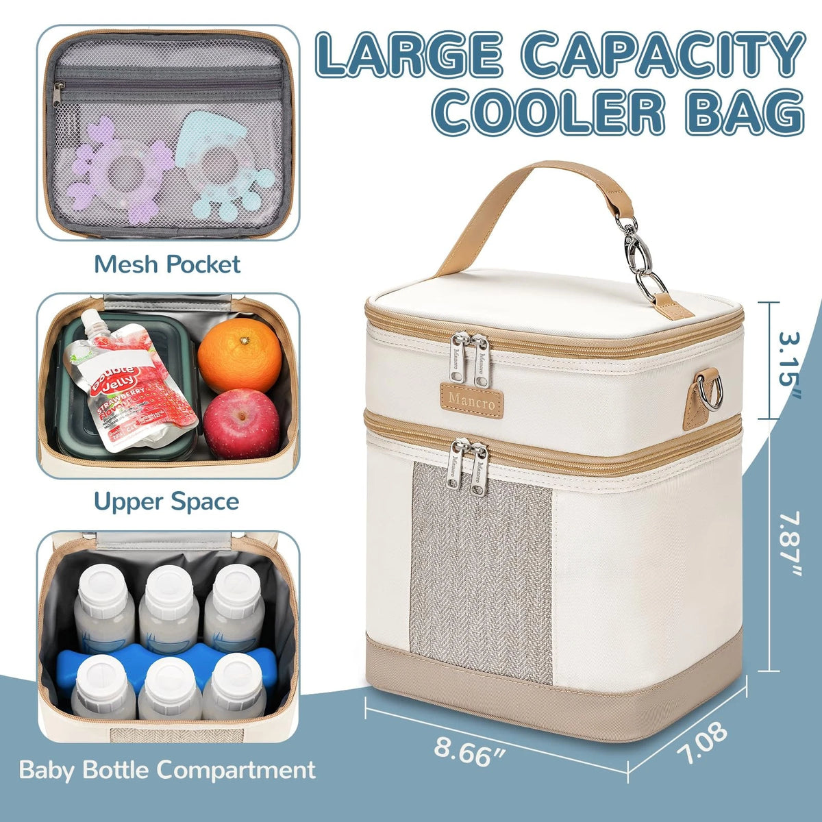Mancro Breastmilk Cooler Bag with Ice Pack, Double Layer Medium, Beige