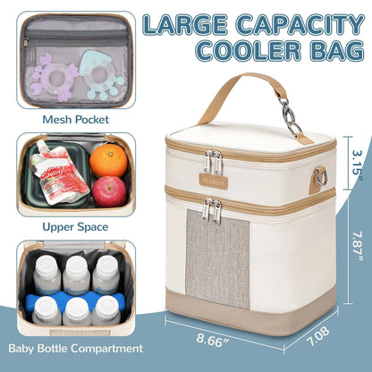 Mancro Breastmilk Cooler Bag with Ice Pack, Double Layer Medium, Beige
