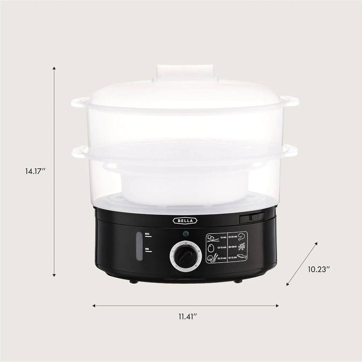 BELLA Two Tier Food Steamer with Stackable Baskets & Removable 7.4 QT, Black